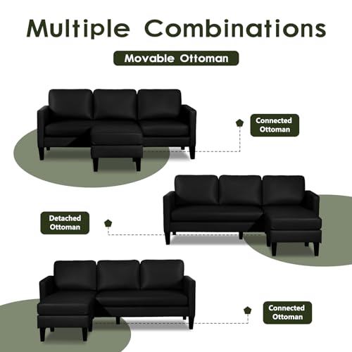 Image of Faux Leather Sectional Couch, L Shaped Sofa with 3 Seater Couch and Reversible Chaise Convertible PU Leather Comfy Couches for Living Room (Black)