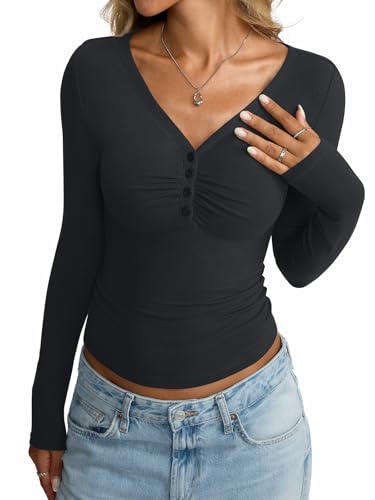 Women Cotton Long Sleeve Henley Shirts V Neck Front Ruched Tops Sexy Low Cut Fitted T-Shirt Trendy Fall 20252