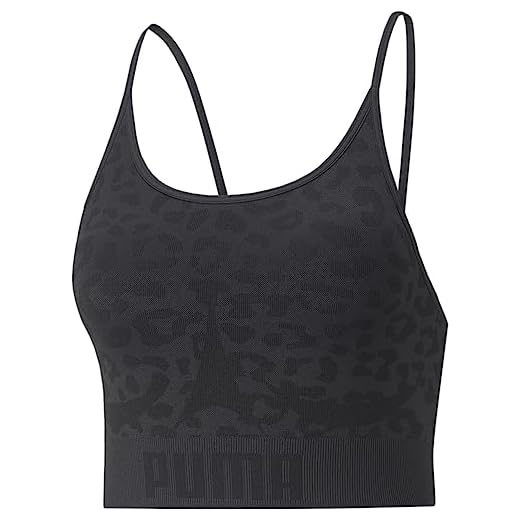 PUMA Low Impact Formknit Seamless Long Line Bra Parte Superior de Ropa Interior, Mujer, Estampado de Leopardo Negro, M