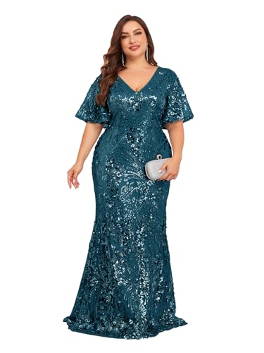 Image of Plus Size Glamous Short Sleeves Womens Sequin Dress Formal Gowns Evening Glitter Mermaid Prom Dress
