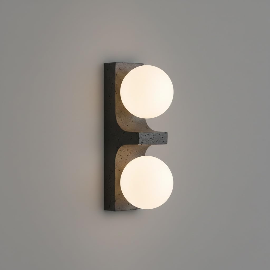 Modern Black Travertine Wall Sconce, Minimalist Dual Globe Frosted Glass Wall Lamp, G4 Hardwired Geometric Up/Down Light Fixture for Bedroom, Living Room, Hallway, Stairway, Accent Lighting