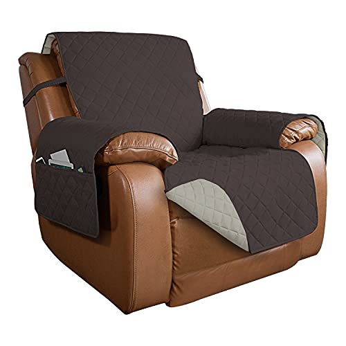 Image of PureFit Reversible Quilted Oversized Recliner Sofa Cover, Water Resistant Furniture Protector, Washable Couch Cover with Elastic Straps for Kids, Dogs, Pets (Large, Chocolate /Beige)