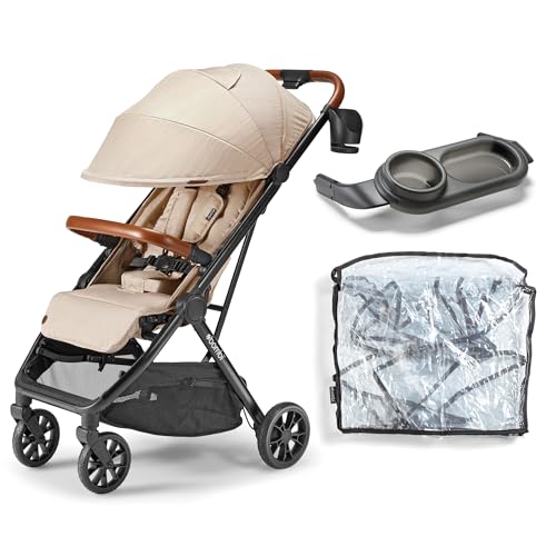 Bombi Bēbee V2 Stroller Bundle – Sand Lightweight Stroller with Snack Tray & Rain Cover, One-Hand Fold, All-Terrain Suspension, UV-Protective Fabrics, BPA-Free Tray & Weather Shield
