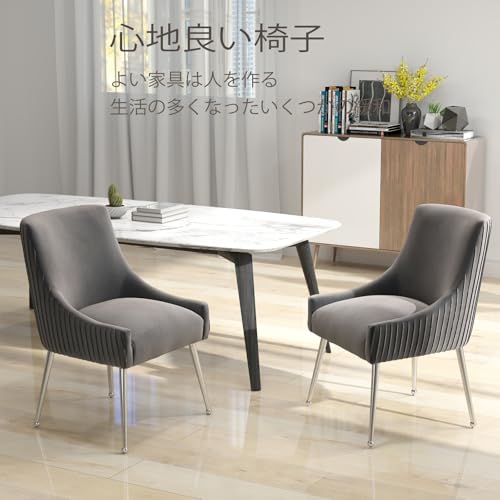 ダイニングチェアモダンなスタイルのベルベット張りアクセントチェア垂直バー付きバニティチェアシルバーの脚を持つタフテッドチェアリビングルーム、ダイニングルーム、ベッドルームのための2のセット (グレー、2のセット) [2]