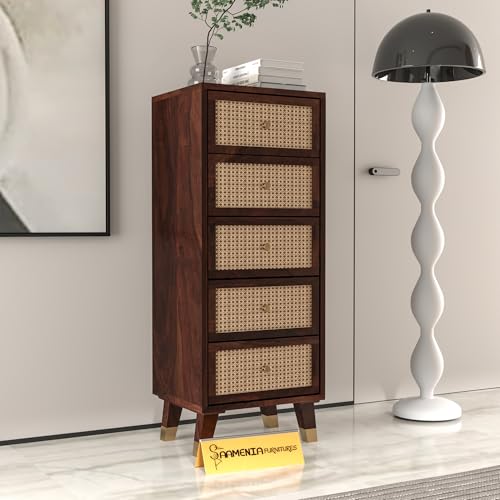 Image of Solid Sheesham Wood 5 Drawer Chest | Rosewood Chest of Drawers with Cane Front | Tall Storage Cabinet for Bedroom & Living Room (Walnut Finish)