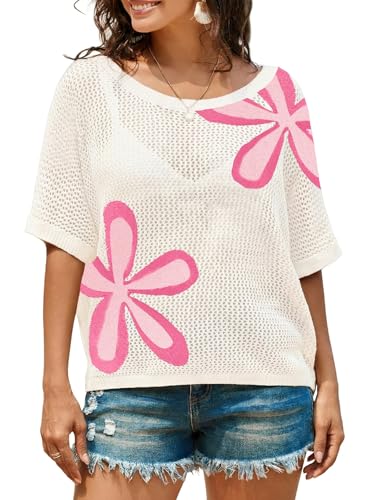 Image of Dokotoo Womens Floral Fashion Summer Tops 2026 Short Sleeve Crochet Sweaters Swimsuit Cover Ups Lightweight Knit Pullover