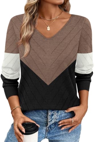 Image of WIHOLL Sweaters for Women V Neck Casual Knit Long Sleeve Tops Lightweight Pullover Clothes Fall Fashion Outfits 2026