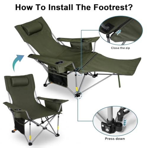 Image of Romswi 2Pack 4-Position Reclining Camping Chair with Removable Footrest, 2-in-1 Adjustable Portable Lounge Chair with Cooler Bag, Cup Holder, Side Pockets & Carry Bag for Outdoor, Olive Green