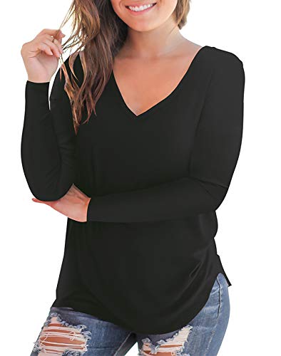 Women's V Neck Long Sleeve Loose Fit T Shirt Soft Tops Black M