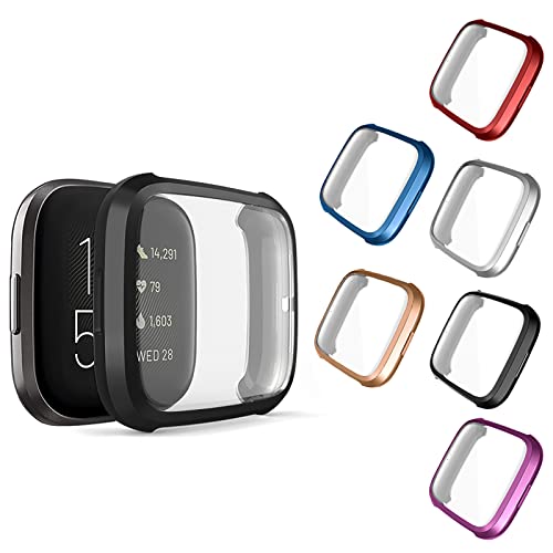 NAHAI Compatible with Fitbit Versa 2 Case, 6 Packs Ultra Rugged Cover Plated Case Scratch-Resist All Around Screen Protector for Fitbit Versa 2, Purple/Gold/Silver/Black/Blue/Red