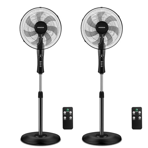 Aigostar Dave - Ventilador de Pie Ultra Silencioso 16dB, Mando a Distancia, 50W, 16', 7 Aspas: Gran Caudal de Aire 2160m³/h, 3 Modos, 3 Velocidades, 7.5h Temporizador, Oscilación 80°, Negro. 2 Piezas
