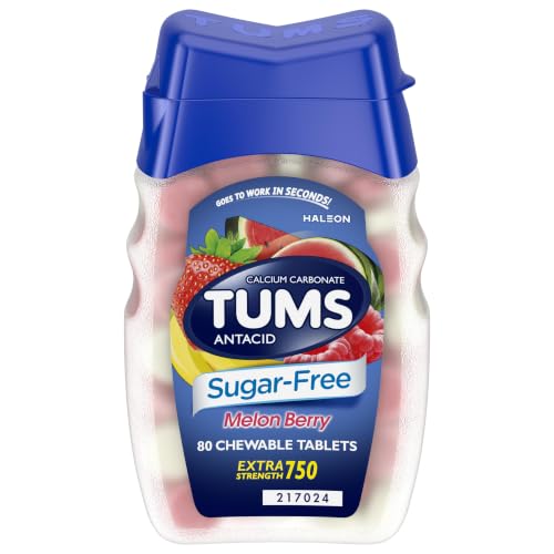 TUMS Extra Strength Chewable Sugar Free Antacid Tablets for Heartburn Relief, Melon Berry - 80 Count