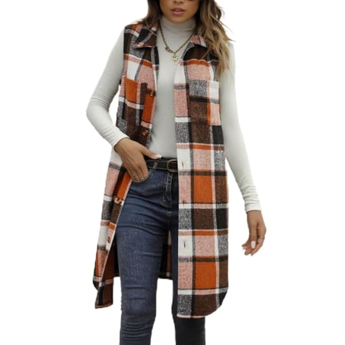 Keepink Ladies Tweed Waistcoat Flannel Plaid Gilet Collared Button Front Vest Tops Checkered Sleeveless Jackets Long Outerwear with Pocket Elegant Sha