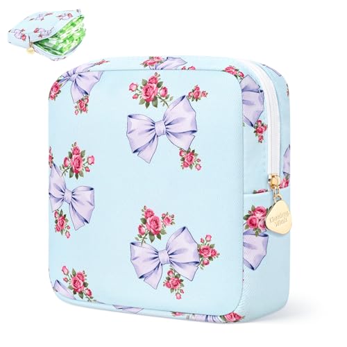 Image of Sanitary Pad Storage Bag Portable Period Bag for Teen Pads /Sanitary Napkins /Small Tampons, Sanitary Napkin Storage Bag First Period Gifts for Teen Girls (Blue Rose Bowknot)