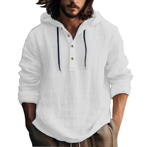 Pure Cotton Linen Hoodies for Men Cuban Guayabera Button Down Long Sleeve Shirt Solid Clothes Hawaiian Beach Tops