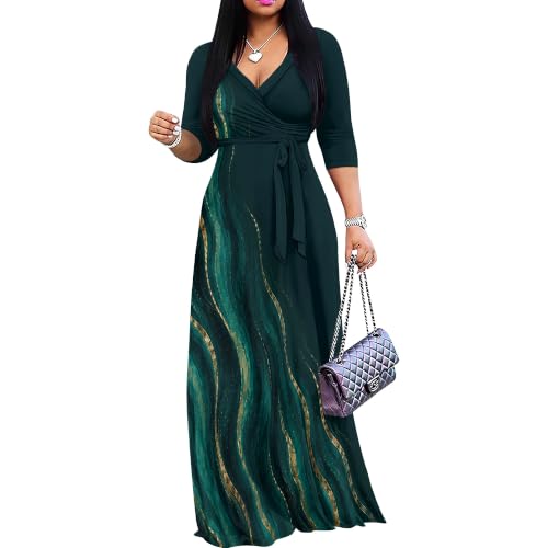 Image of Plus Size Maxi Dress for Women V Neck 3 /4 Sleeve Wrap Dress Teal L | Teal Floral Women's Maxi Dress