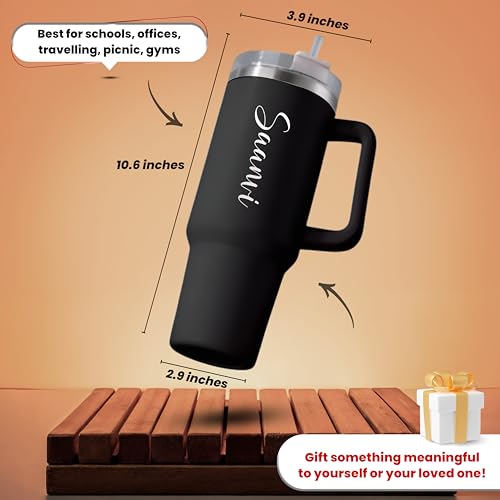 Image of SAVRI Customized Tumbler with Name, 1200 ML Stainless Steel Travel Mug with Straw, Lid & Handle, Personalised Sipper Water Bottle for Women, Men & Girls,Anniversary, Birthday Gift for Office & Gym Use