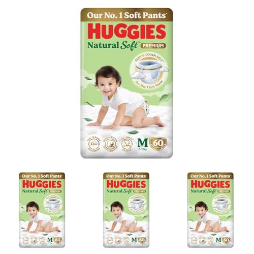 Image of Huggies Natural Soft Premium Baby Diaper Pants, Our No.1 Soft Pants, Medium (M) Size (7-12 Kgs), Pack of 240 diapers | Cloud Softness All over with India's 1st Cloud Touch BeltTM
