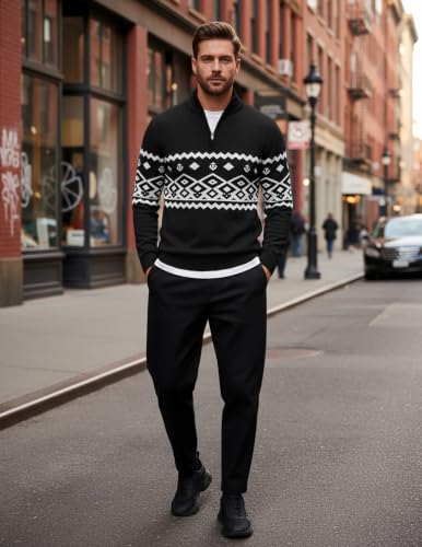 Image of COOFANDY Men Quarter Zip Sweater Classic Fit Knitted Sweater Pullover