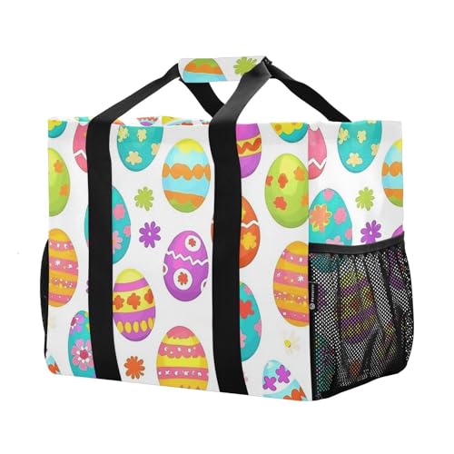 JUNZAN Cute Easter Utility Bag For Trunk Foldable Beach Tote Bag With Pockets Grocery Bags Reusable Canvas Car Tote