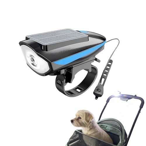 DELOMENPA Solar Pet Stroller Light with Horn Waterproof Dog Cat Stroller Safety LED Lights with 3 Modes & USB-C PD Charging Ultra Bright Night Walking Warning Spotlight for Dog Jogger