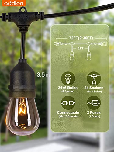 Addlon 72Ft(36Ft*2) Outdoor String Lights Commercial Grade Weatherproof Strand, 30 Edison Vintage Bulbs(6 Spare), 24 Hanging Sockets, Etl Listed Heavy-Duty Decorative Cafe Patio Lights For Bistro #TOP4