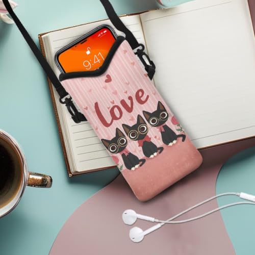 Image of Small Phone Bag Water-Resistant Crossbody Pouch with Adjustable Strap Cellphone Case Mini Satchel Fits Most Phones for Valentine's Day, Black Cat Rose Heart-Shaped Love Print Pink