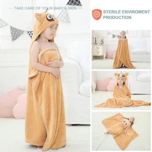 Image of MICHLEY Cartoon Hooded Baby Towel Unisex, Premium Soft Swimming Bathrobe Large Washcloths 31.5 inch x 53 inch for 0-9T (Raccoon)