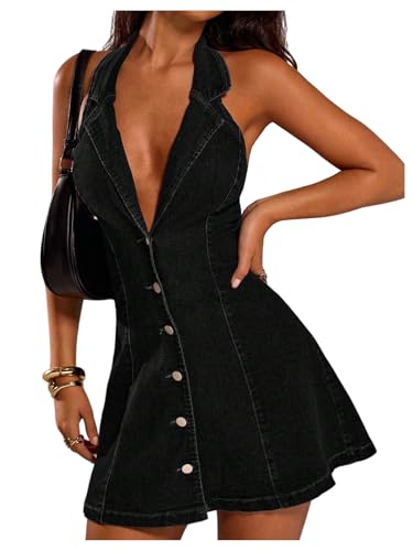 black denim halter dress Floerns Women's Y2k Mini Sleeveless Deep V Neck Button Down A Line Going Out Jean Dresses X-Small at Amazon Women's Clothing store creative education of canada