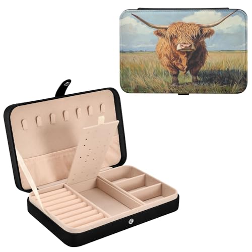 Haskirky Highland Cow Jewelry Box Portable PU Leather Travel Jewelry Organize for Women Jewelry Storage Display Holder for Ring, Necklace, Earring
