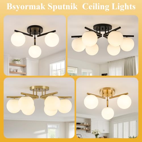 Image of 3 Light Modern Sputnik Semi Flush Mount Ceiling Light, Black Sputnik Ceiling Light Fixture, 21.65 '' Milky Glass Globe Mid Century Modern Ceiling Lights for Bedroom Hallway Living Room