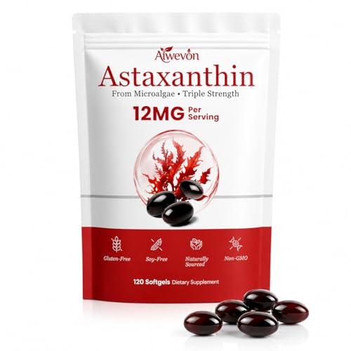 Aiwevon Premium Astaxanthin Softgels 12mg 120 Microalgae Based Antioxidant Supplement with Coconut Oil Supports Healthy Skin Vision Circulation & Joint Function High Quality Non GMO Formula