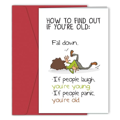 Qiyepbro Funny Birthday Card for Him Her, Hilarious Birthday Cards for Men Women, Snarky Humour Birthday Card for Friends, How to Find Out If You're Old, Fall Down...