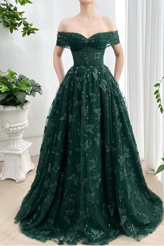 Sparkly Off Shoulder Tulle Prom Dresses with Butterfly Appliques Long A Line Formal Evening Party Gowns for Women2