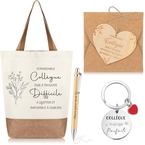 Xuniea 6 Pièces Set Cadeaux Départ Collègue de Travail Sac Cabas en Coton Lin Cadeau d'Adieu Retraite Noël Carte de Bois en Forme Coeur Stylo à Bille...