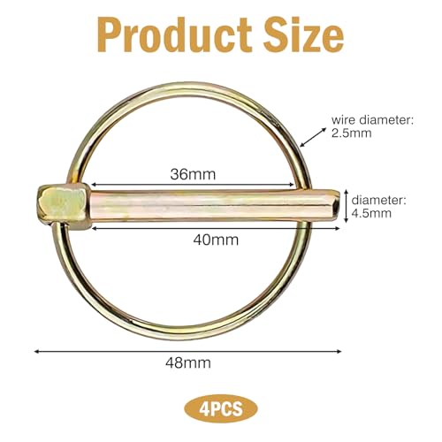 4Stück Klappsplint,Sicherungsstift,Splinte Sortiment,Rostfrei Ackerschiene Kat 2,Langlebig Federsplint,Gelb Verzinkter Sicherungsbolzen Mit Federhalterung Für Anhänger Traktoren Boote (4.5*40mm)