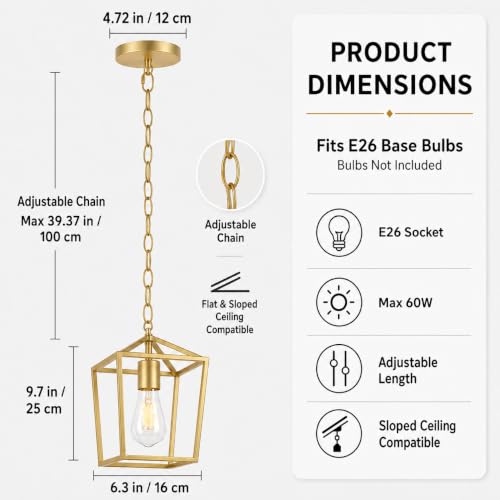 Image of Phaosio Gold Pendant Lights Kitchen Island, Modern Farmhouse Light Fixture | Metal Cage Pendant Light Fixture, Adjustable Height, Sloped Ceiling, Kitchen Lighting for Dining Room, Entryway, Foyer,2 Pack