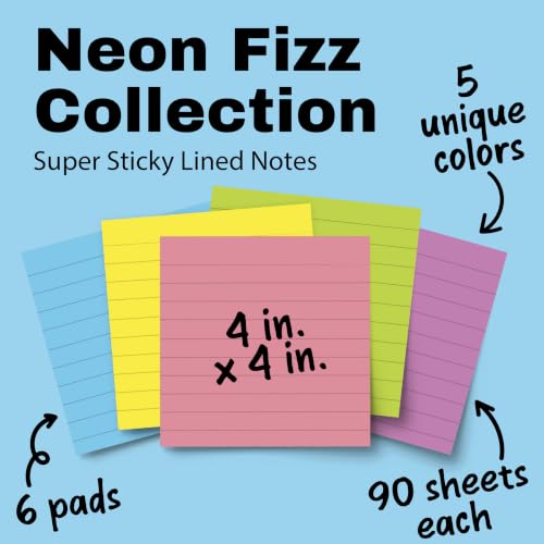 Post-it Super Sticky Notes, 4 x 4 in., Neon Fizz, 6 Lined Pads - image 2
