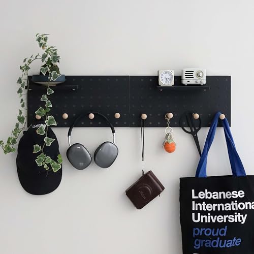 Image of Wooden Pegboard Accessories Set: Modular Wall Hooks & Shelf for Garage, Office & Home Organization(Black Colored Finish-B)