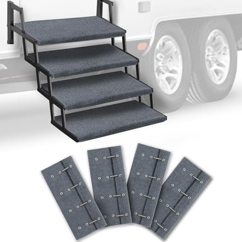 HOMEE RV Step Covers 4 Packs, Camper Step Covers,RV Step Rugs, 23 Inch Wide RV Stair Covers with Install Hook Fit 8' to 11' RV Stair Treads,Non-Slip Outdoor RV Step Carpet,Grey