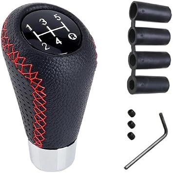 Car Gear Shift Knob, Universal 5 Speed Gear Knob, Manual Gear Stick Knob, Leather Gear Stick Shift Cover with 4 Adapters for 8mm 10mm 11mm 12mm Manual Car - Red Stitching