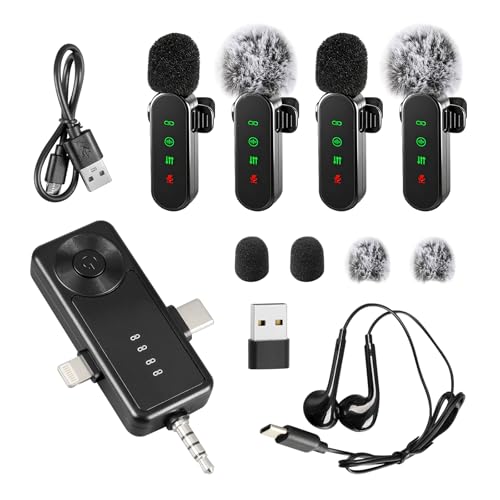 Lot de 4 microphones cravate sans fil avec écran LED, micro cravate à clipser, mini microphone avec réduction du bruit pour enregistrement vidéo, vlogging TikTok