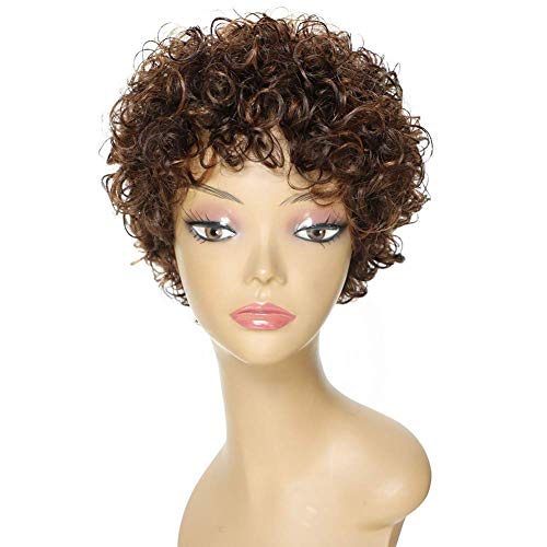 Chocolate Brown Mix Medium Auburn Short Curly Human Hair Wigs for Black Women, 100% Human Hair Wigs for Black Women Machine Made Wigs