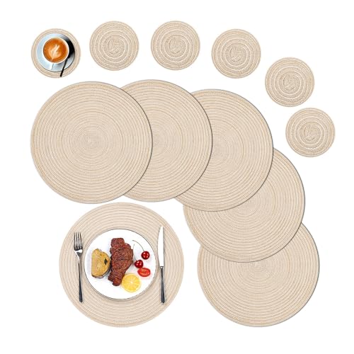 SHACOS Round Placemats and Coasters Set of 6 Round Braided Woven Place Mats Washable Beige Table Mats and Coasters Sets Heat Resistant Table Mats for Kitchen Dining Table Home Restaurant