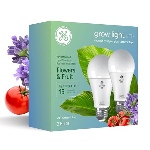 GE Grow Lights for Indoor Plants, A19 LED Light Bulbs for Flowers and Fruit with Advanced Red Light Spectrum, White Indoor Plant Light, 25,000 Hours Lifespan, 15 PPF, 2 Pack (Packaging May Vary) - image 1