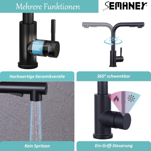 Wasserhahn Küche Schwarz, SEMANEY Hochdruck Küchenarmatur mit Brause Ausziehbar Zwei Strahlarten, Spültischarmatur Küche 360° Schwenkbar, L Form Armatur Küche Ausziehbar, Einhand Mischbatterie Küche