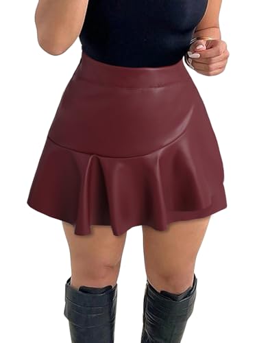 Benfoly PU Leather Skirts for Women High Waisted Ruffle Mini Skirt Bodycon Skirts Ruffle Wine Small