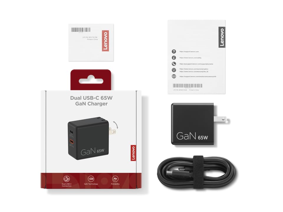 Image of Lenovo Dual USB-C 65W GaN Charger, 2 USB-C Ports, for Laptops /Tablets & Phones & More, Compact Size, Foldable Plug, Includes 1.5m USB C Cable, Model /Type: CC65, Black