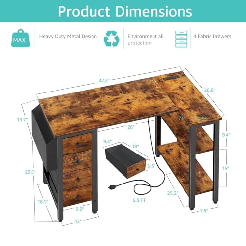 Lufeiya L Shaped Desk with Drawers & Storage Shelves, 47 Inch Small Reversible Corner Desk with Power Outlet for Home Office Bedroom, L-Shaped Gaming PC Computer Desks with Fabric Drawer, Rustic Brown