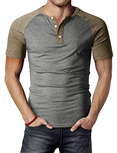 H2H Men Slim Fit Henley Raglan Short Sleeve Contrast Color Block Casual Baseball T-Shirt GRAYBEIGE US M/Asia L (CMTTS0222)